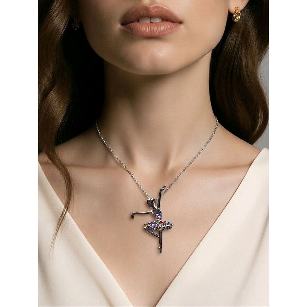 Ballerina Necklace Rhinestone Tutu Pendant Dance Ballet Jewelry Silver Coquette